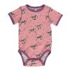 Body de bebé, de manga corta, con estampado de cebras sobre fondo rosa. Está hecho con algodón orgánico.