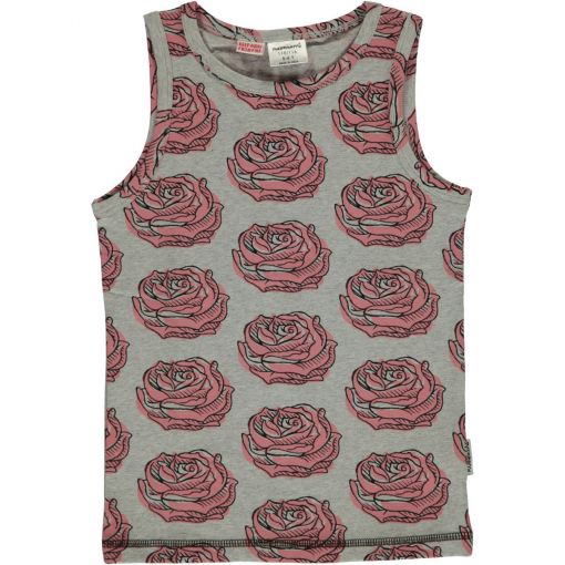 Camiseta de tirantes, de algodón orgánico con estampado de rosas sobre fondo gris.