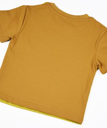 Camiseta infantil Curry, de manga corta, hecha en punto de algodón con delantero color curry y mangas y trasero color ocre.