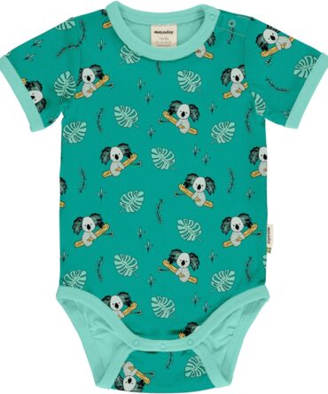 Body estampado de algodón orgánico, de manga corta, con bonito estampado de koalas sobre fondo azul y vivos a contraste en azul claro.