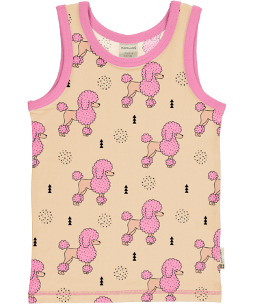 Camiseta de tirantes, hecha en algodón orgánico, con divertido estampado de caniches sobre fondo rosa y vivos a contraste en fucsia.