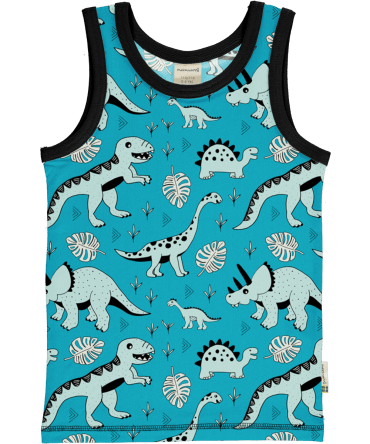 Camiseta de tirantes, hecha en algodón orgánico, con divertido estampado de dinos sobre fondo azul. Es una prenda unisex.