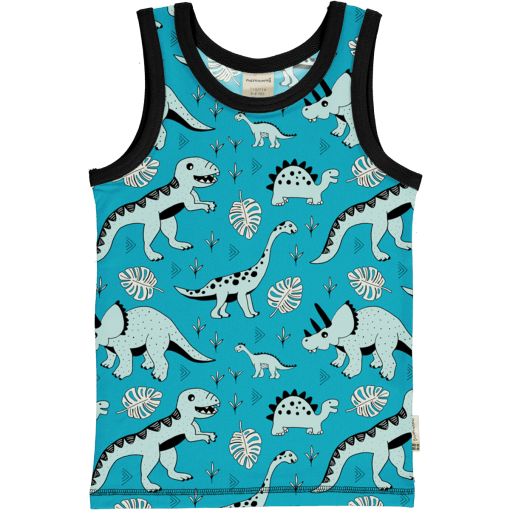 Camiseta de tirantes, hecha en algodón orgánico, con divertido estampado de dinos sobre fondo azul. Es una prenda unisex.