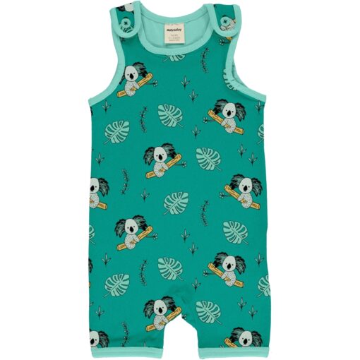 Mono estampado, de tirantes y pantalón corto, unisex, hecho en algodón orgánico, con bonito estampado de koalas sobre fondo turquesa y vivos a contraste en azul.