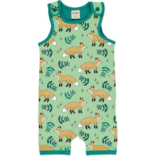 Mono estampado, de tirantes y pantalón corto, unisex, hecho en algodón orgánico, con bonito estampado de zoros sobre fondo verde y vivos a contraste en turquesa.