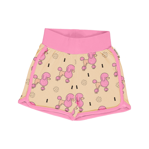 Pantalón corto, hecho en algodón orgánico, con divertido estampado de caniches sobre fondo rosa y vivos a contraste en fucsia. Es una prenda unisex.