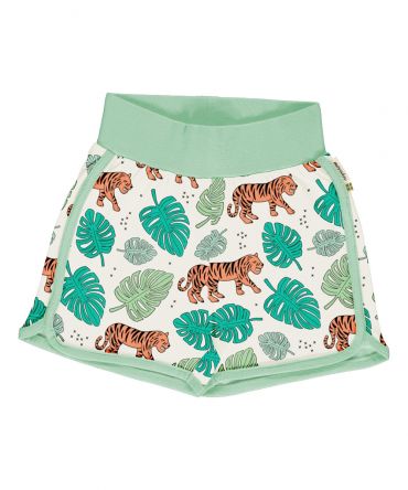 Pantalón corto, hecho en algodón orgánico, con divertido estampado de tigres sobre fondo crudo y vivos a contraste en verde. Es una prenda unisex.