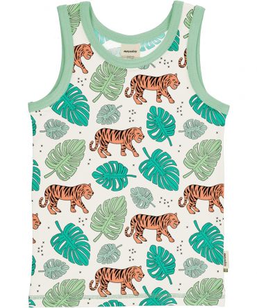 Camiseta de tirantes, hecha en algodón orgánico, con divertido estampado de tigres sobre fondo crudo y vivos a contraste en turquesa. Es una prenda unisex.